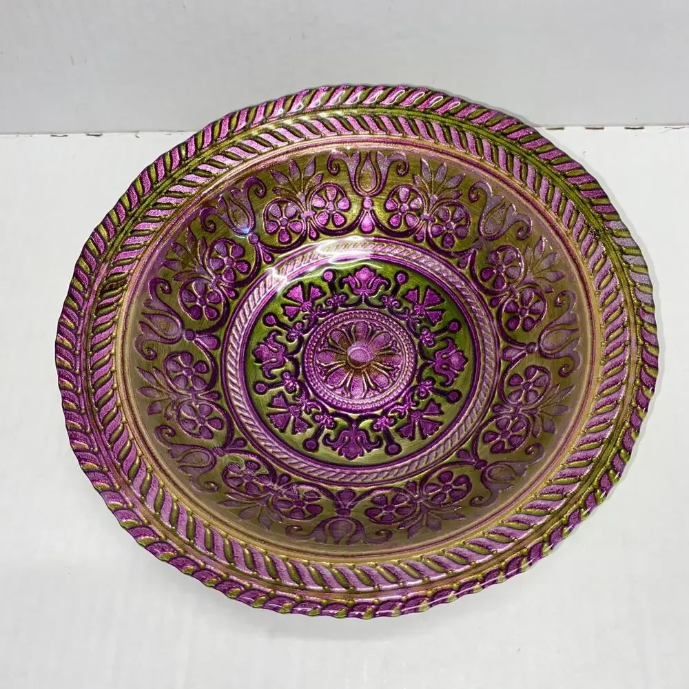 Vintage Turkish Purple Green Hand Painted Floral Bowl